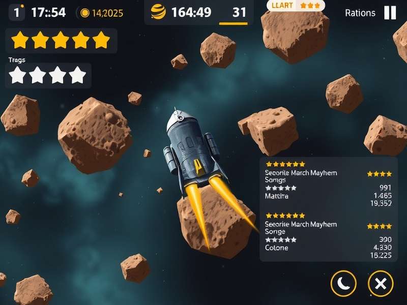 Meteorite March Mayhem gameplay screenshot showing spacecraft navigating through asteroid field